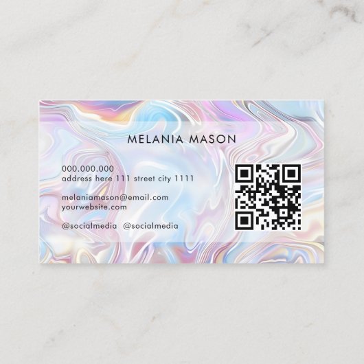 QR Code Modern Elegant Holographic Marble Pastel Visitekaartje (Achterkant)
