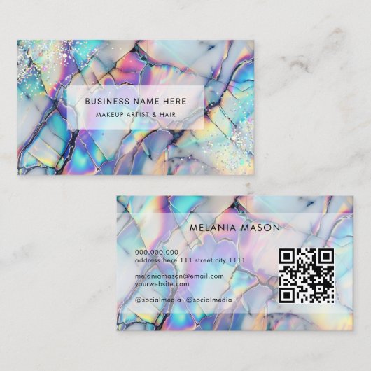 QR Code Modern Elegant Holographic Marble Stone Visitekaartje (Voorkant / Achterkant)