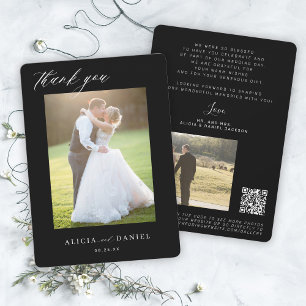 QR CODE modern elegant script foto zwarte bruiloft Bedankkaart