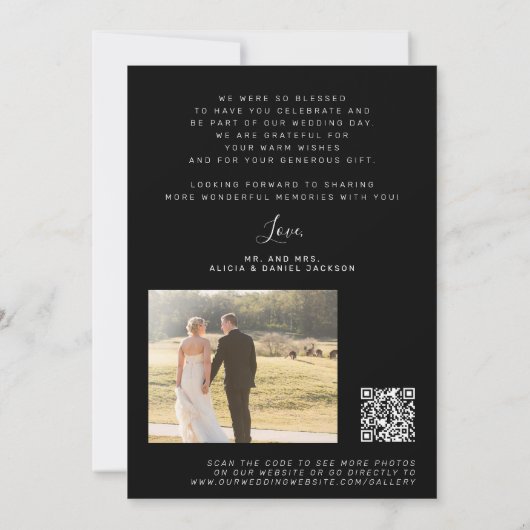 QR CODE modern elegant script foto zwarte bruiloft Bedankkaart (Achterkant)