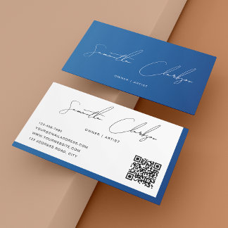 QR-code Modern Elegante Blauwe Handgeschreven Scri Visitekaartje