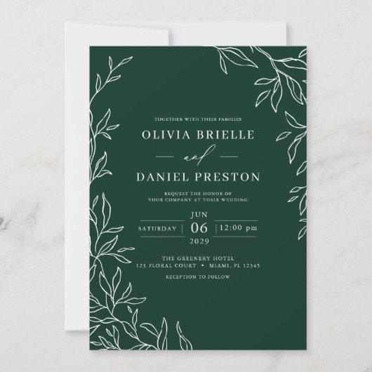 QR Code Modern Emerald Green Minimal Leaf Wedding Kaart (Voorkant)