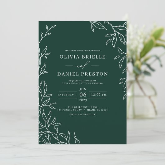 QR Code Modern Emerald Green Minimal Leaf Wedding Kaart (Staand voorkant)