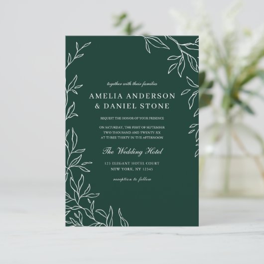 QR Code Modern Emerald Green Minimal Leaf Wedding Kaart (Staand voorkant)