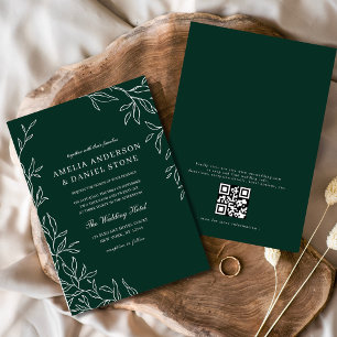 QR Code Modern Emerald Green Minimal Leaf Wedding Kaart