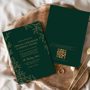 QR Code Modern Emerald Green Minimal Leaf Wedding Kaart