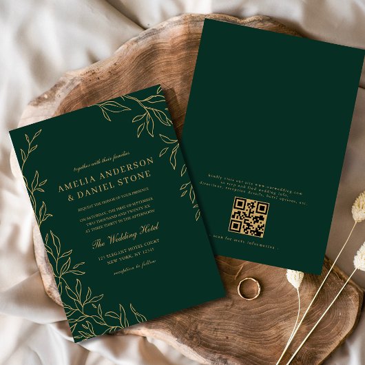 QR Code Modern Emerald Green Minimal Leaf Wedding Kaart