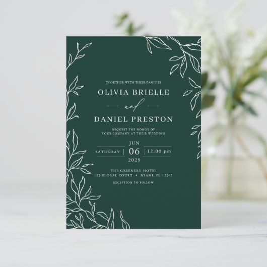 QR Code Modern Emerald Green Minimal Leaf Wedding Kaart (Staand voorkant)