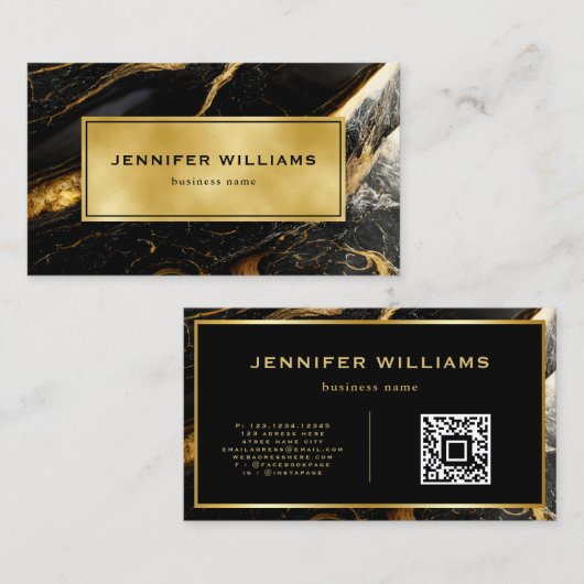 QR-code Modern Gold Black en White marble Visitekaartje (Voorkant / Achterkant)
