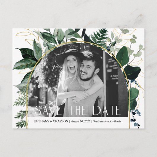 QR code Modern Greenery verlaat Foto slaat datum o Aankondigingskaart (Voorkant)