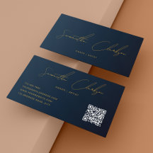 QR-code modern marineblauw en gouden handgeschreve