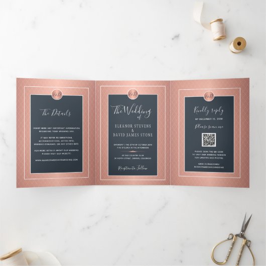 QR CODE modern marinegoudbruiloft voor roos Drieluik Aankondiging (Binnen)