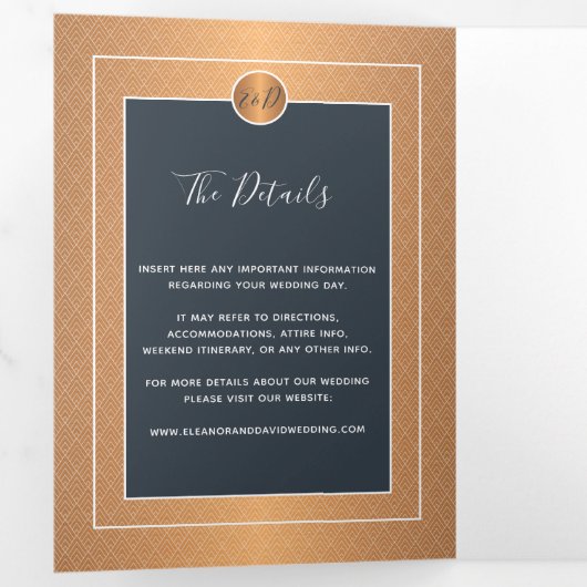 QR CODE modern marinekopergoud trouwuitnodiging Drieluik Aankondiging (Binnenzijde eerst)