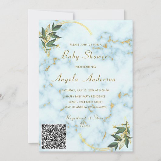 QR Code Modern Marmer Baby shower Uitnodiging (Voorkant)