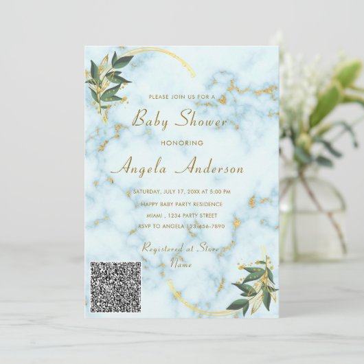 QR Code Modern Marmer Baby shower Uitnodiging (Staand voorkant)