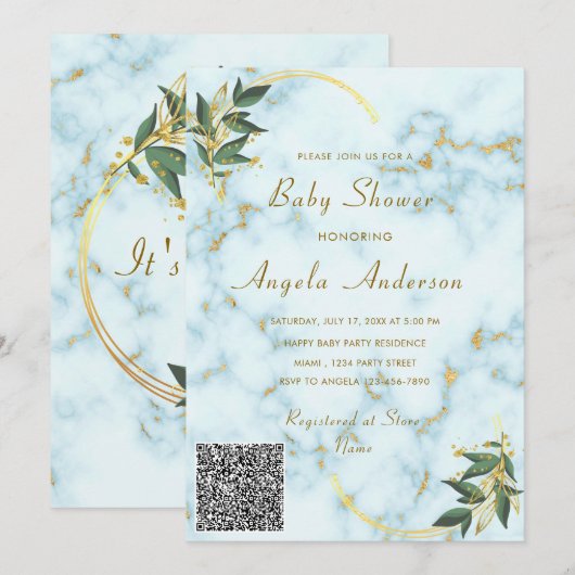 QR Code Modern Marmer Baby shower Uitnodiging (Voorkant / Achterkant)