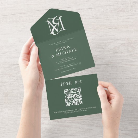 QR Code Modern Minimal Forest Green Wedding All In One Uitnodiging (Afscheurbaar)