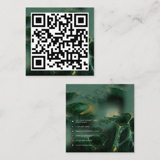 QR-code Modern minimalistisch bedrijfsgroen marmer Contactkaartje (Voorkant / Achterkant)
