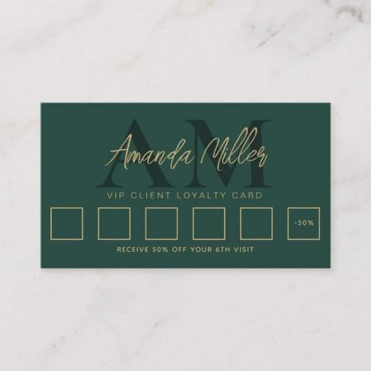 QR Code Modern Minimalistisch Monogram Smaragdgroe Klantenkaartje (Voorkant)