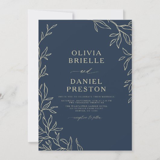 QR Code Modern Navy Blue Gold Minimal Leaf Wedding Kaart (Voorkant)