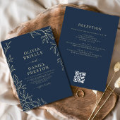 QR Code Modern Navy Blue Gold Minimal Leaf Wedding Kaart