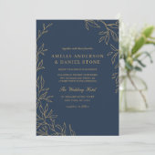 QR Code Modern Navy Blue Gold Minimal Wedding Kaart (Staand voorkant)