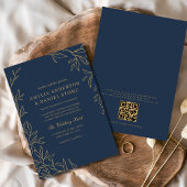 QR Code Modern Navy Blue Gold Minimal Wedding Kaart