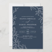 QR Code Modern Navy Blue Minimal Leaf Wedding Kaart (Voorkant)