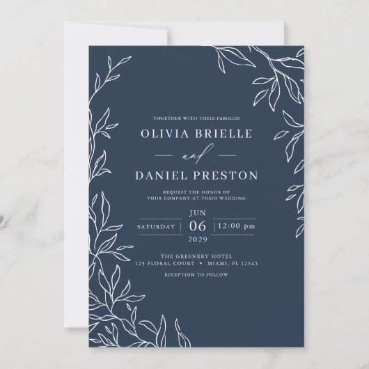 QR Code Modern Navy Blue Minimal Leaf Wedding Kaart (Voorkant)