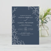 QR Code Modern Navy Blue Minimal Leaf Wedding Kaart (Staand voorkant)