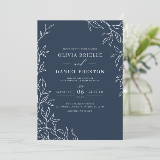 QR Code Modern Navy Blue Minimal Leaf Wedding Kaart (Staand voorkant)