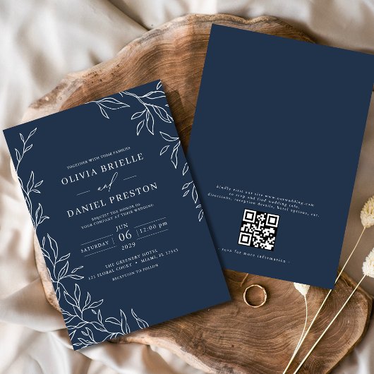 QR Code Modern Navy Blue Minimal Leaf Wedding Kaart