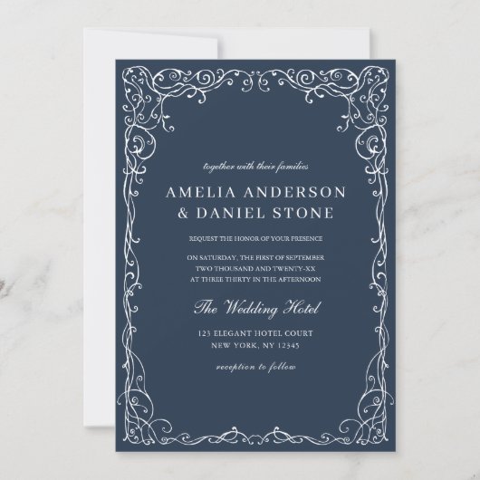 QR Code Modern Navy Blue Minimal Wedding Kaart (Voorkant)