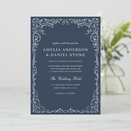 QR Code Modern Navy Blue Minimal Wedding Kaart (Staand voorkant)
