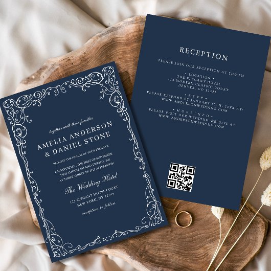 QR Code Modern Navy Blue Minimal Wedding Kaart