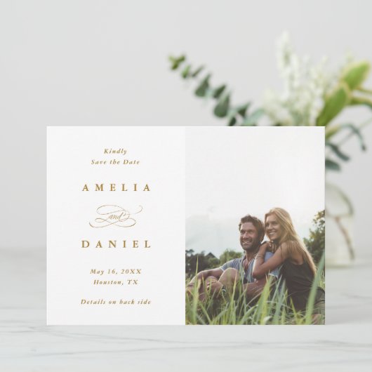QR code Modern Photo Wedding Gold Save The Date (Staand voorkant)