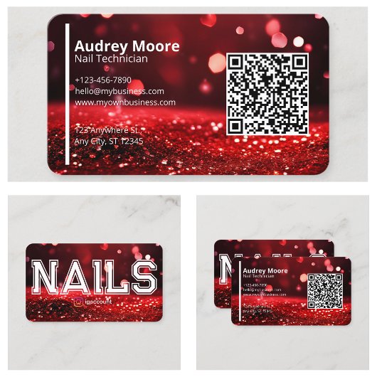 QR Code Modern Rood Glitter Professionele Nagelsty Visitekaartje