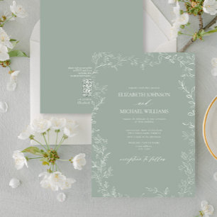 QR Code Modern Sage Green Minimal Leaf Wedding Kaart