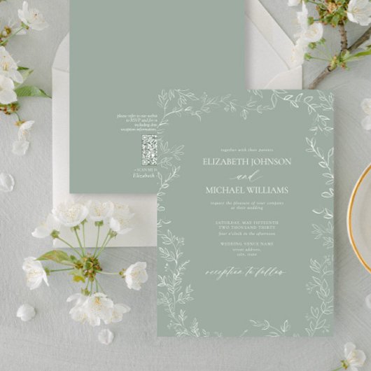 QR Code Modern Sage Green Minimal Leaf Wedding Kaart