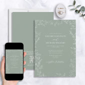 QR Code Modern Sage Green Minimal Leaf Wedding Kaart