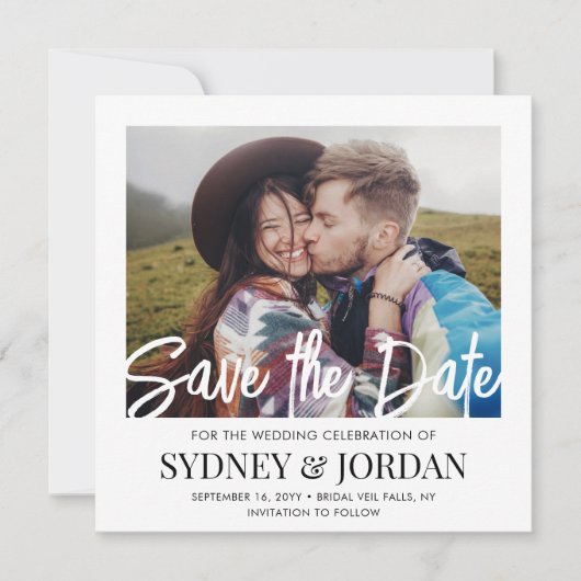 QR Code Modern Script Photo Overlay Square Weddens Save The Date (Voorkant)