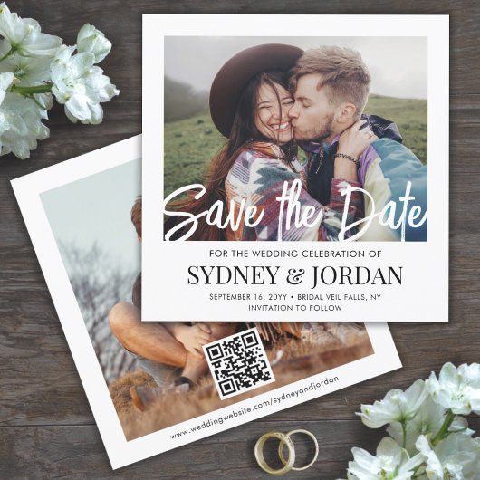 QR Code Modern Script Photo Overlay Square Weddens Save The Date