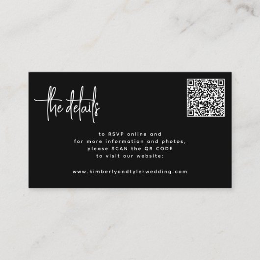 QR CODE modern script RSVP details bruiloft Informatiekaartje (Voorkant)