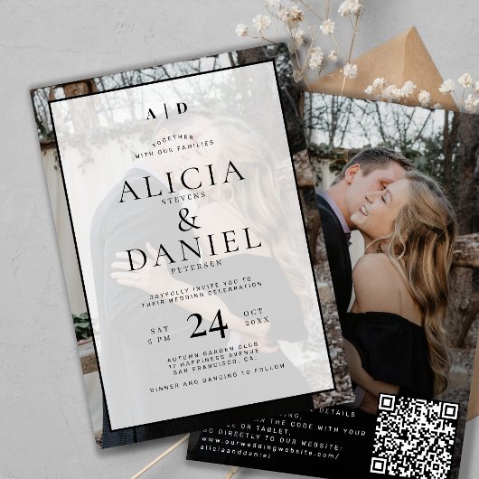 QR code modern simple typography 2 photo wedding Kaart