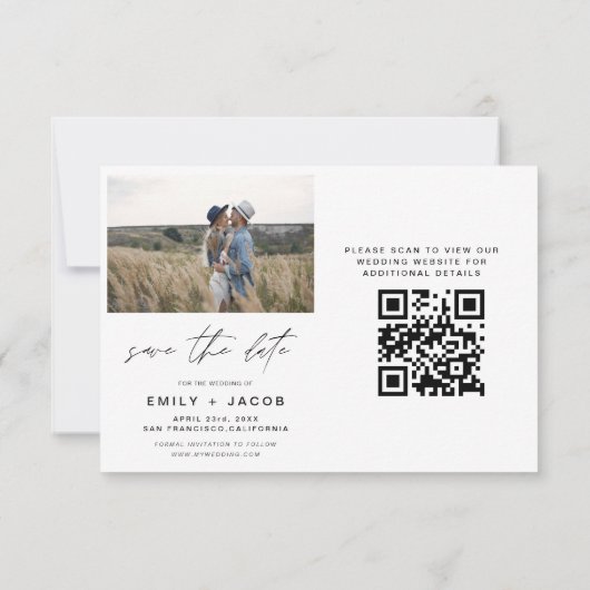 QR Code Modern Sparen de Datum 4 Foto Elegant Save The Date (Achterkant)