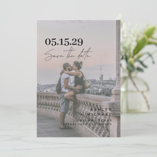 QR Code Modern Vellum Overlay Script 3 Foto Save The Date (Staand voorkant)