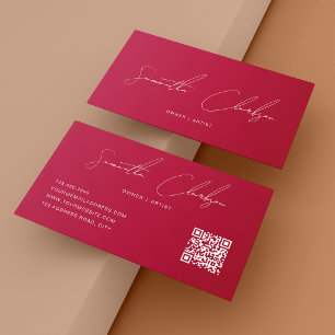 QR Code Modern Zuiver Heet Roze Handgeschreven Scr Visitekaartje