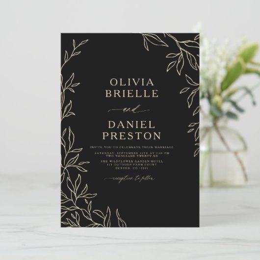 QR Code Modern Zwart & Goud Minimal Leaf Wedding Kaart (Staand voorkant)
