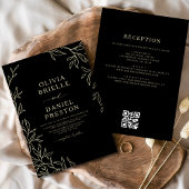 QR Code Modern Zwart & Goud Minimal Leaf Wedding Kaart