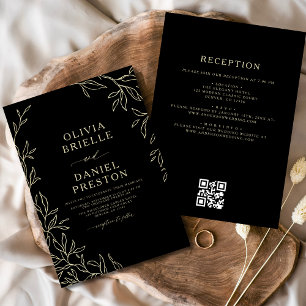 QR Code Modern Zwart & Goud Minimal Leaf Wedding Kaart